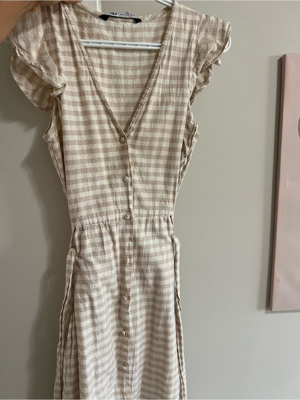 Zara Beige and Cream Checked Button-Front Midi Dress